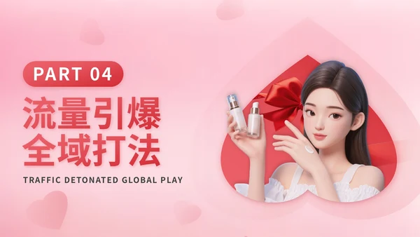 粉红色3D立体风七夕护肤品电商促销活动PPT模版