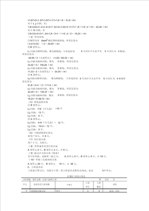 某住宅电气照明工程施工图预算