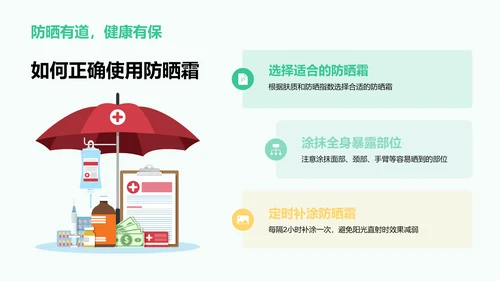 绿色卡通插画安全健康紧急救护必备好物PPT模板