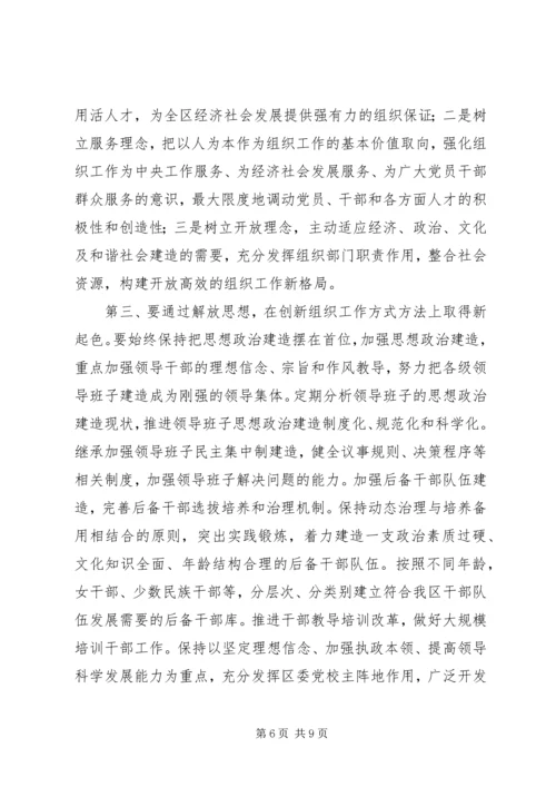 区委组织开展思想解放工作会议讲话.docx