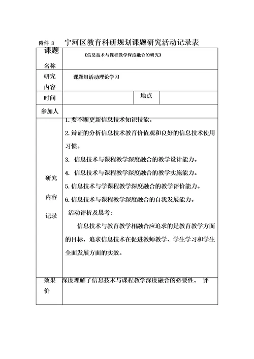 信息技术与课程教学深度融合的研究课题研究活动记录表