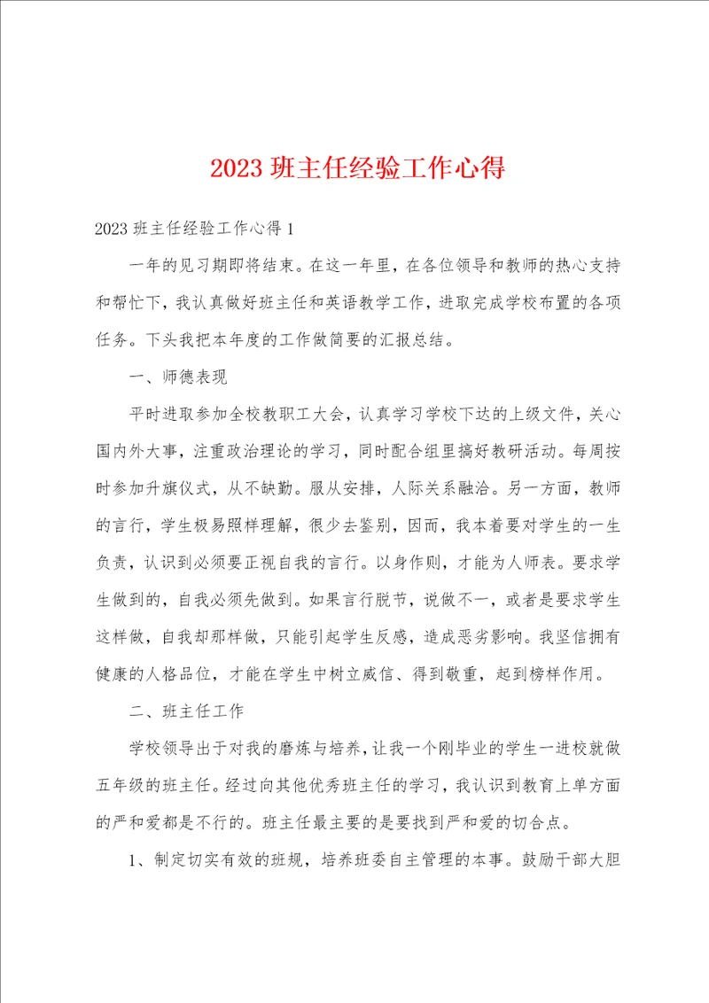 2023班主任经验工作心得