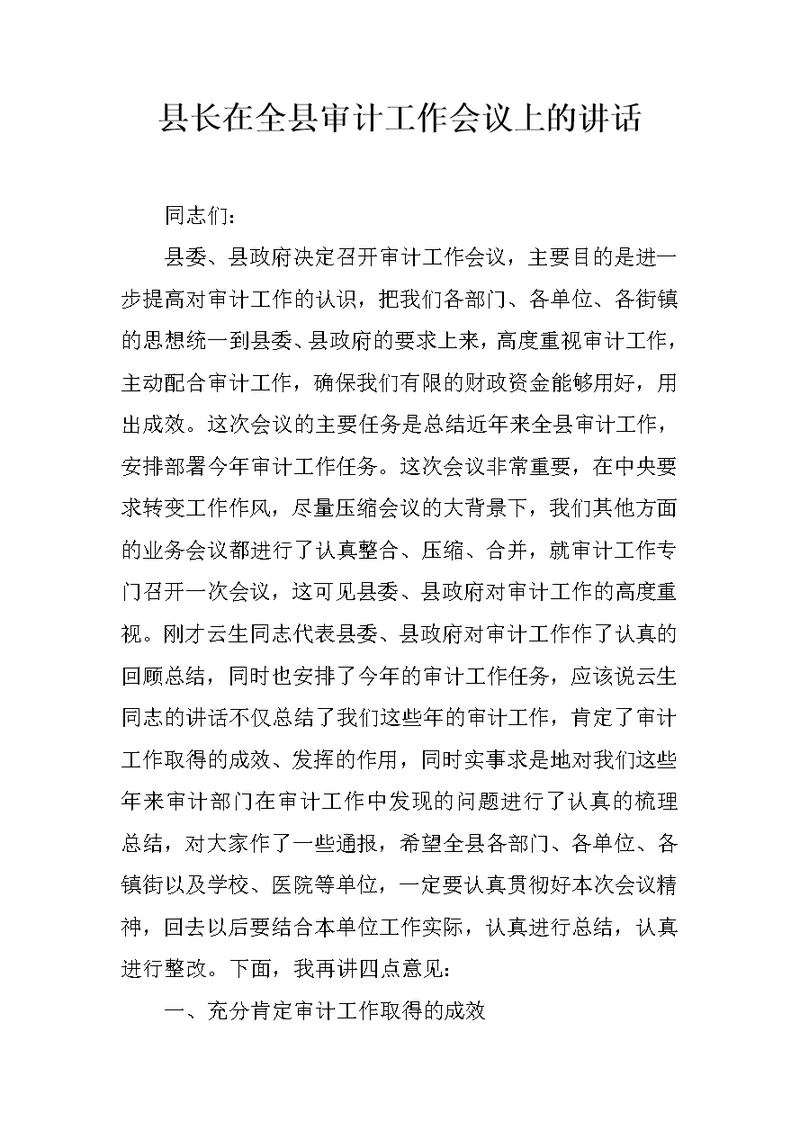 县长在全县审计工作会议上的讲话 1