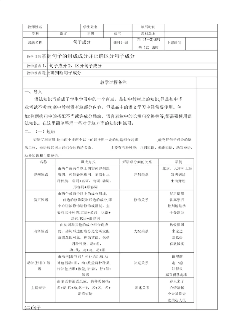 初中语文句子成分专题