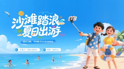 蓝色卡通3D风沙滩踏浪，夏日出游PPT模板