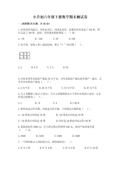 小升初六年级下册数学期末测试卷含答案轻巧夺冠