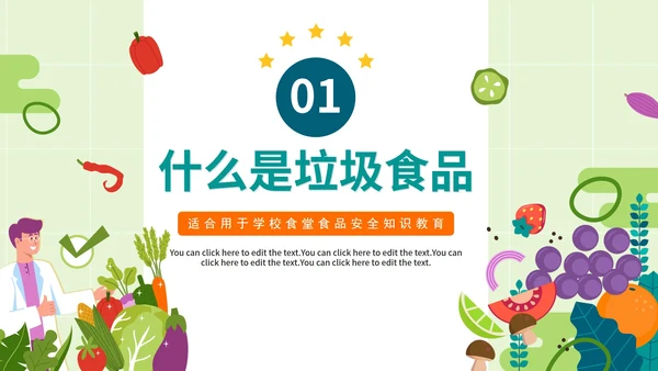 手绘卡通绿色校园食堂食品安全知识培训PT模板