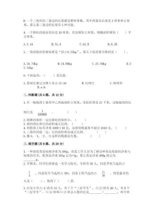 邢台市内丘县六年级下册数学期末测试卷审定版.docx