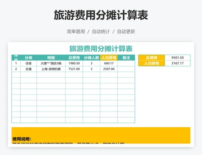 旅游费用分摊计算表