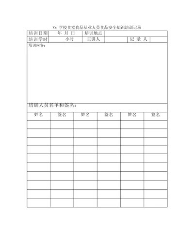 学校食堂食品从业人员食品安全知识培训记录