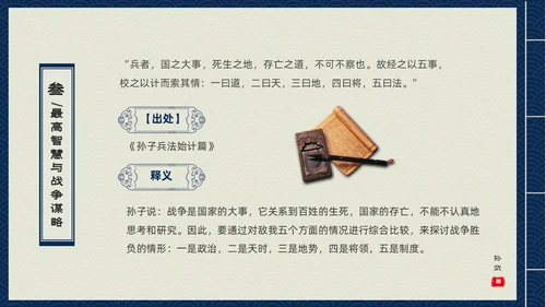 蓝色古书封面中国兵法经典孙子兵法读书分享PPT
