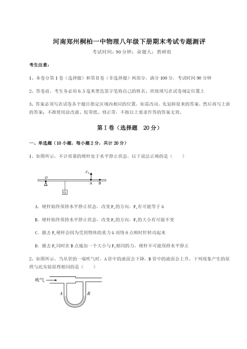 河南郑州桐柏一中物理八年级下册期末考试专题测评试题（解析版）.docx