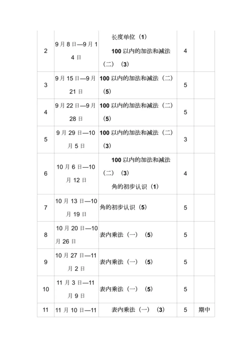 二年级上册数学教学计划及进度表.docx