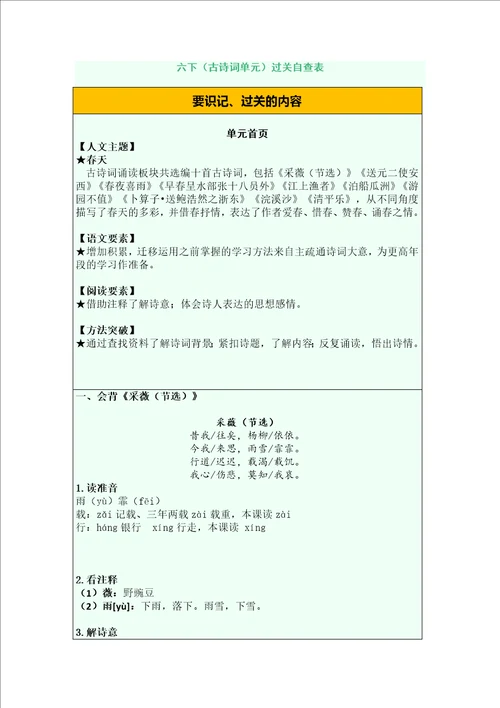 六下古诗词单元过关自查表
