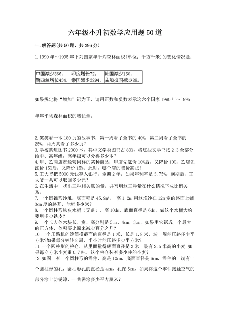 六年级小升初数学应用题50道附答案(培优).docx
