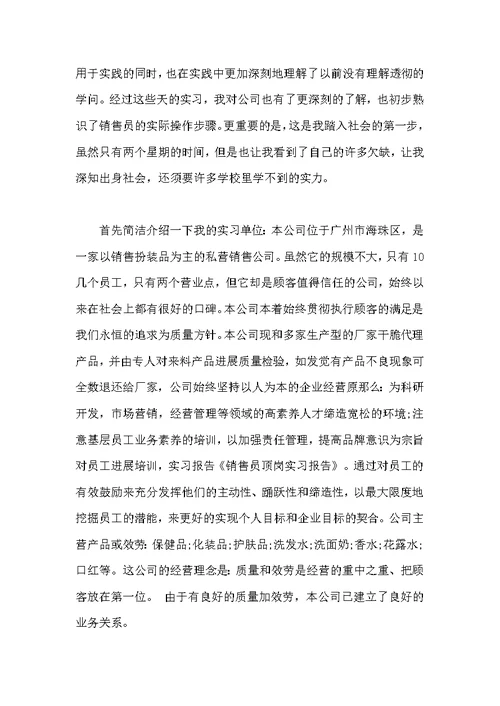 2022销售员顶岗实习报告