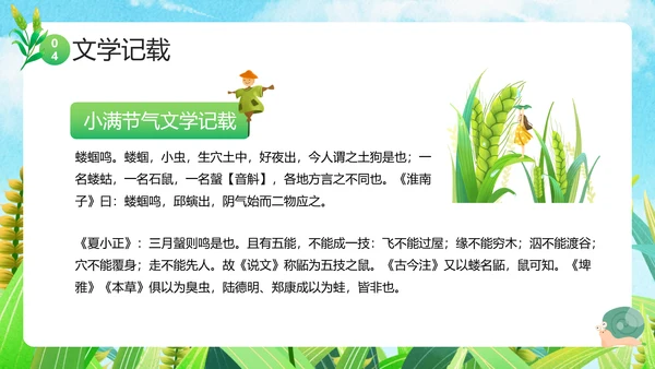 绿色卡通小满节气介绍，稻草人PPT模板