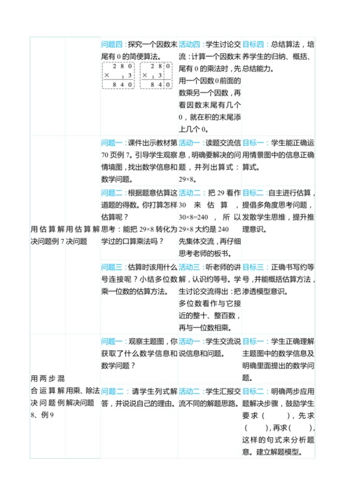 （大单元整体教学）第六单元多位数乘一位数 单元分析（表格式）教学设计 人教版 三年级上册数学