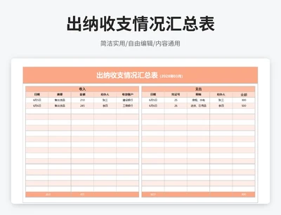 简约风出纳收支情况汇总表