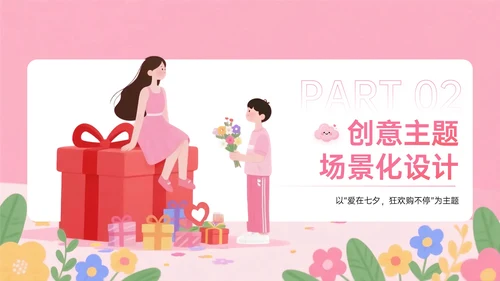 粉色插画风七夕促销浪漫狂欢购营销方案PPT模板