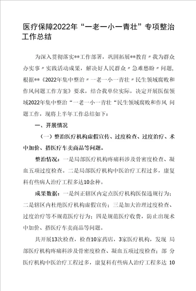 医疗保障2022年“一老一小一青壮专项整治工作总结