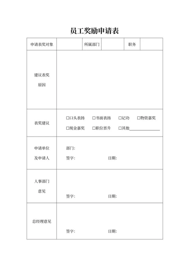 员工部门奖励申请表word模板