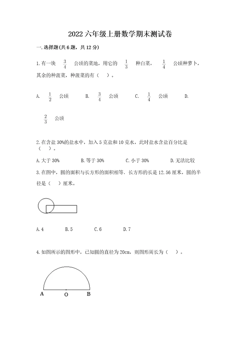 2022六年级上册数学期末测试卷附答案（夺分金卷）