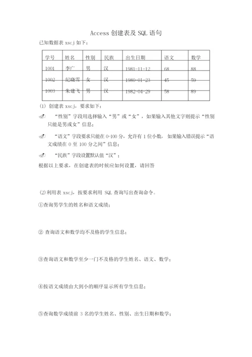 Access数据表及SQL语句练习题.docx