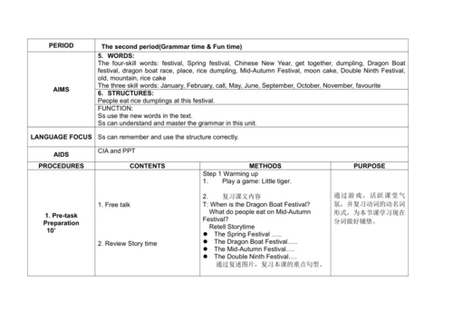 5B Unit 7 Chinese festivals  单元整体教案设计（4个课时）