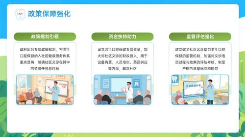 蓝绿色插画风关于社区义诊助力老年口腔保健PPT模板