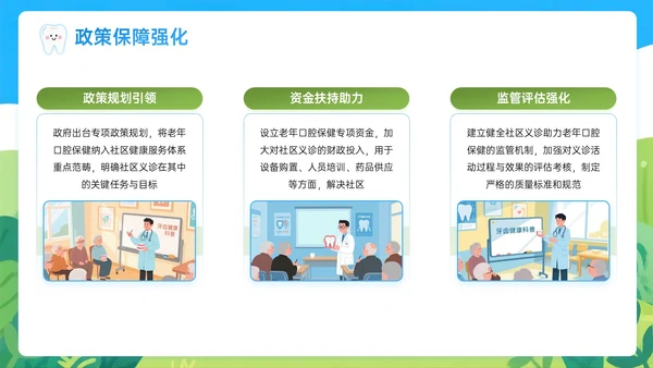 蓝绿色插画风关于社区义诊助力老年口腔保健PPT模板