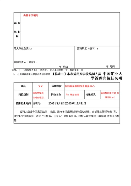 岗位任务书填写及表样说明