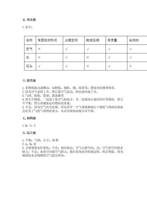 教科版科学三年级上册第2单元空气测试卷考点梳理