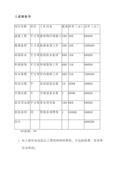 零星土建报价单