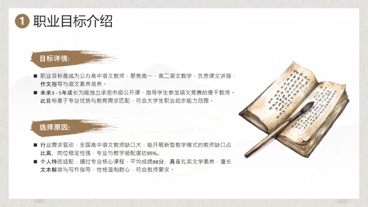 棕色水墨风汉语言文学专业大学生职业生涯规划发展展示PPT模版