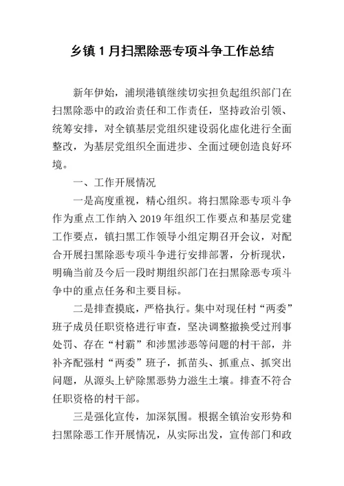 乡镇1月扫黑除恶专项斗争工作总结范文