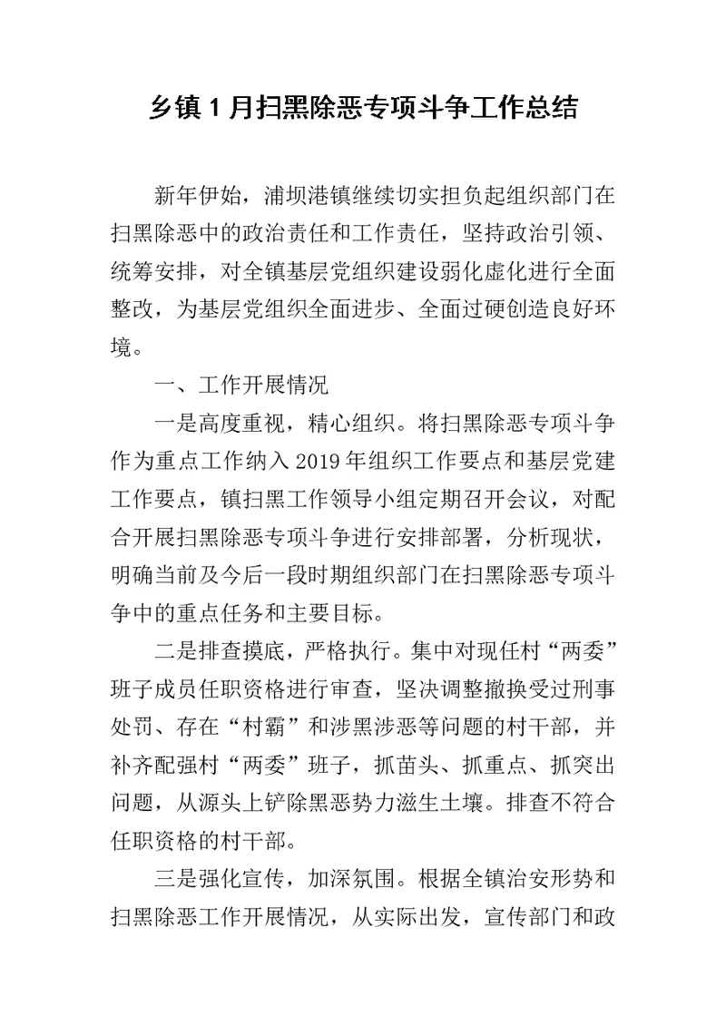 乡镇1月扫黑除恶专项斗争工作总结范文