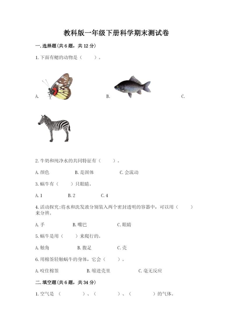教科版一年级下册科学期末测试卷及参考答案（轻巧夺冠）.docx