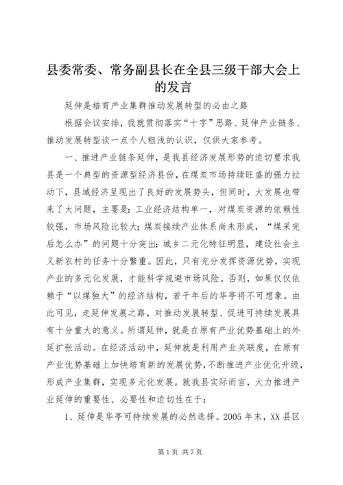 县委常委、常务副县长在全县三级干部大会上的发言.docx