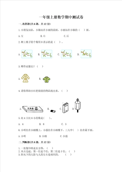 一年级上册数学期中测试卷易错题word版