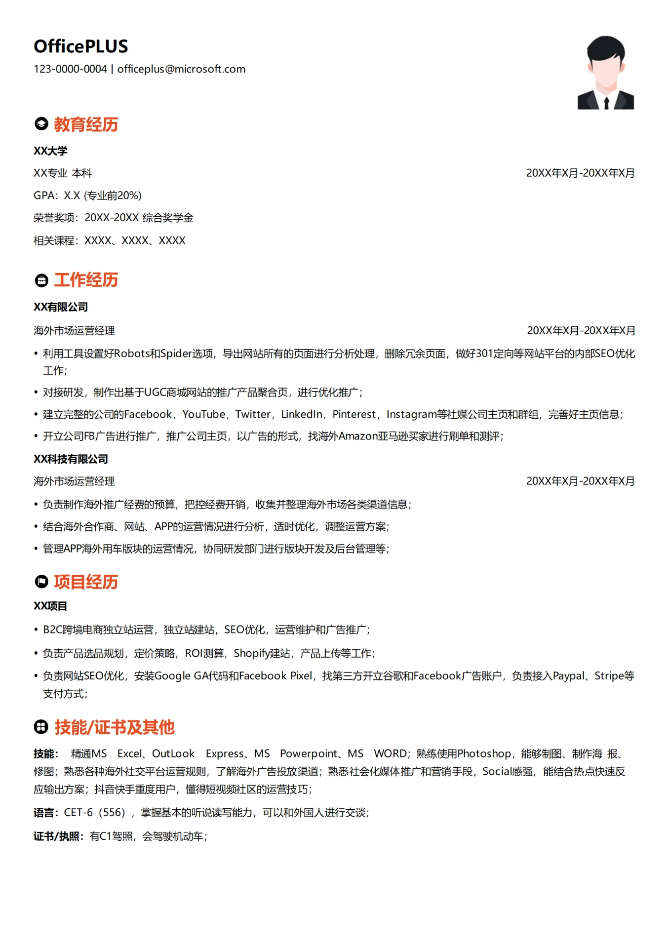 海外市场运营(渠道方向)简历模板
