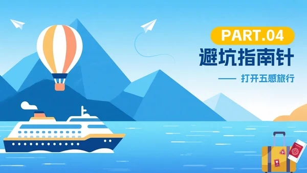 扁平蓝色插画风旅行攻略PPT模板