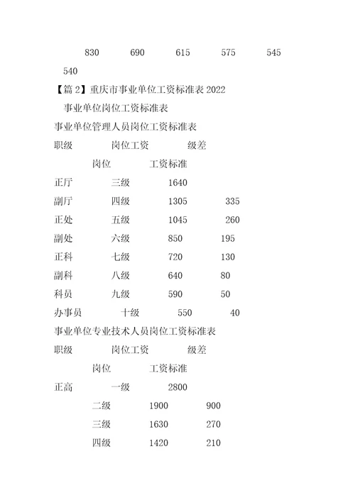 重庆市事业单位工资标准表2022