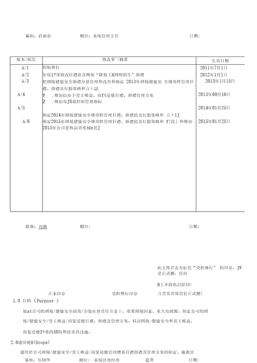 MGEHSWI04001环境、健康安全、企业社会责任目标指标和管理改善方案A5版