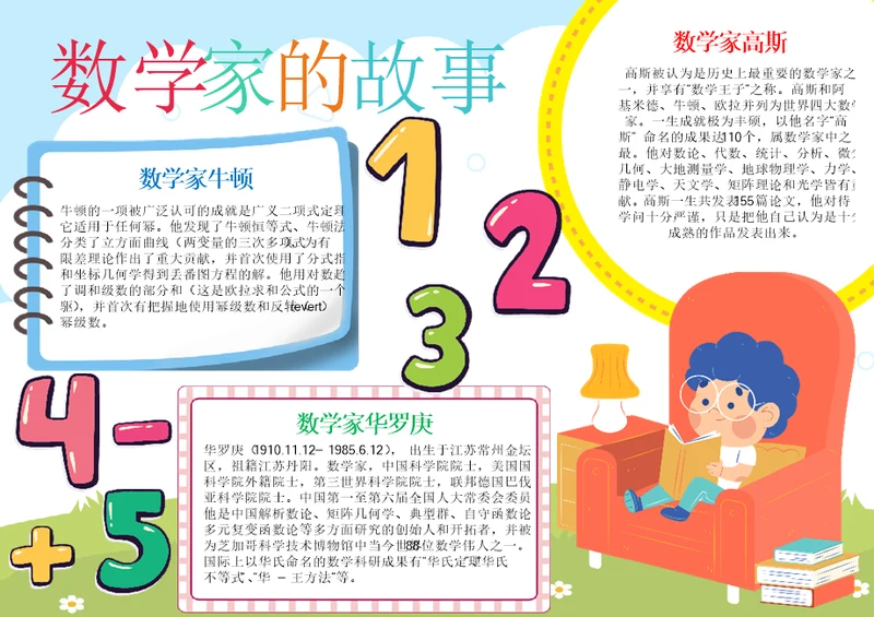 数学家的故事手抄报数学电子小报A4模板