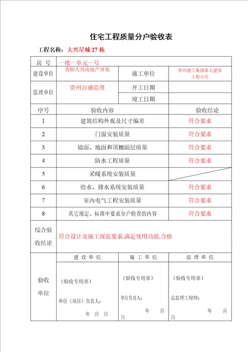 省建设厅住宅工程质量分户验收汇总表