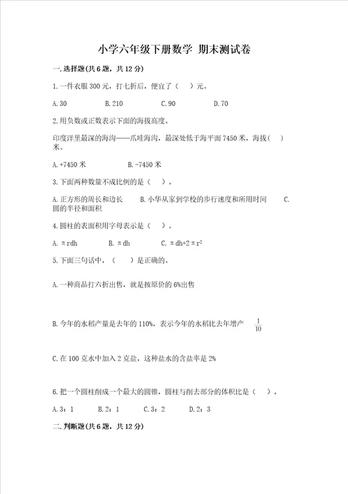 小学六年级下册数学期末考试试卷及完整答案夺冠系列