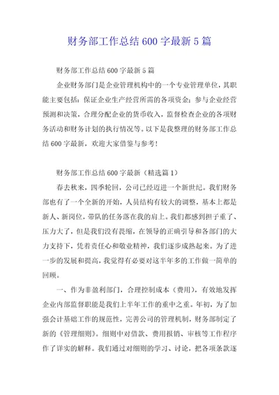 财务部工作总结600字5篇