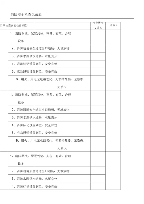 消防安全检查记录表格模板