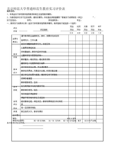 北京师范大学普通师范生教育实习评价表
